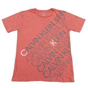 Calvin Klein Shirt Boys Medium10/12 Orange Logo Short Sleeve Summer Outdoor